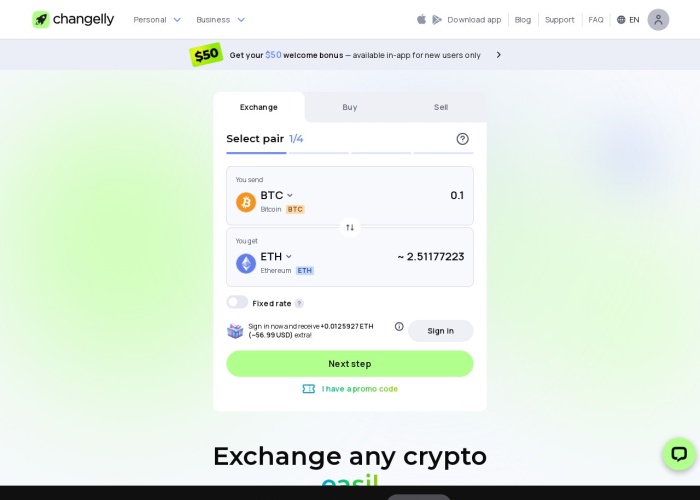 Screenshot of changelly.com